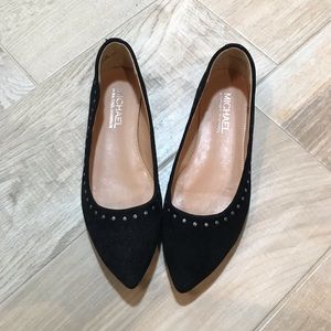 Michael Shannon Black Suede Pointed Toe Flats with Stud Accents, 7